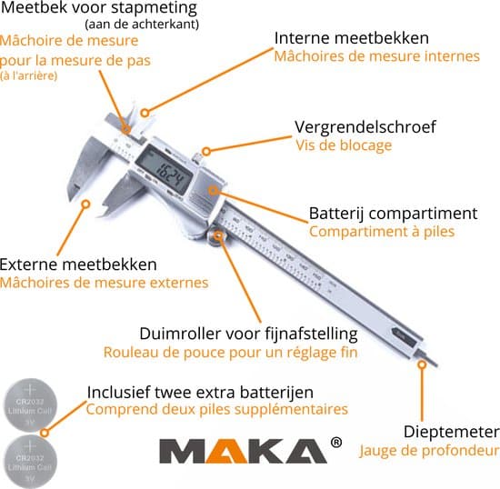 MAKA Digitale Schuifmaat 150mm - Rvs - Extra batterijen - Opbergcase - Afbeelding 5