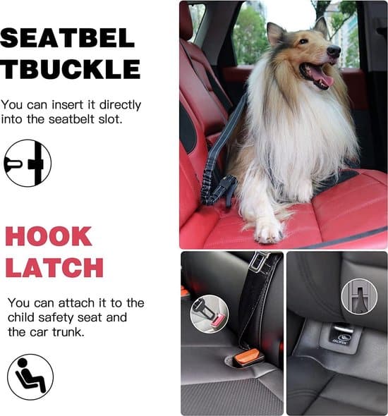Autogordel voor Honden Verstelbaar met Elastische Bungee - Buffer Duurzaam - Veiligheidsgordel voor Huisdieren - Veiligheidsgordel voor Hondenautoharnas (Zwart 2-pack