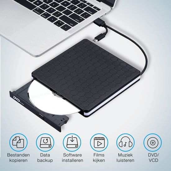 LifeGoods Externe DVD Speler - Voor Laptop en Brander - USB 3.0 of USB C - Incl. Hoes + Kabel - Afbeelding 3