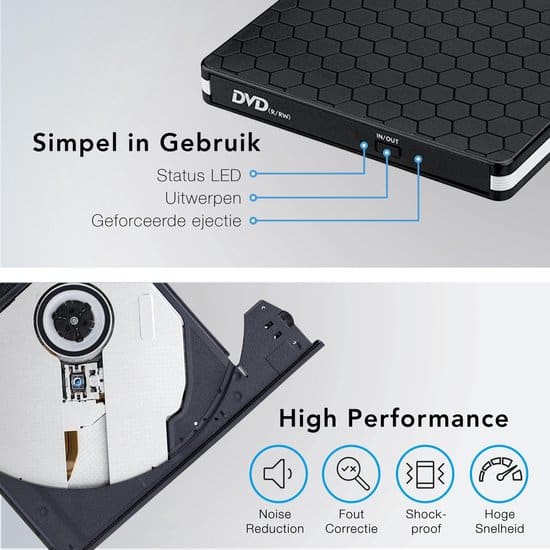 LifeGoods Externe DVD Speler - Voor Laptop en Brander - USB 3.0 of USB C - Incl. Hoes + Kabel - Afbeelding 6