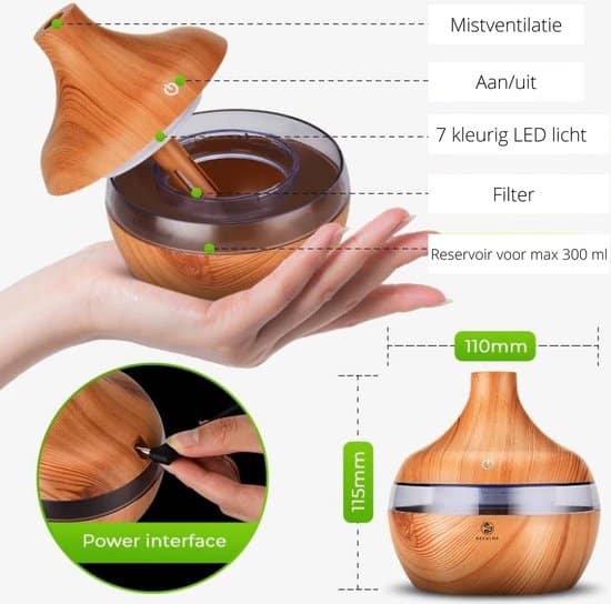 Aroma Diffuser 300 ml - Etherische Olie Verstuiver - Luchtbevochtiger - Houten design - Sfeervolle LED verlichting - Recalma Aromadiffuser -... - Afbeelding 5