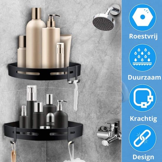 BrandtBergkamp RVS Doucherek 3 laags – Zonder boren – Doucherek Hangend – Badkamerrek Zwart - Afbeelding 3