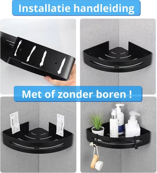 BrandtBergkamp RVS Doucherek 3 laags – Zonder boren – Doucherek Hangend – Badkamerrek Zwart - Afbeelding 6