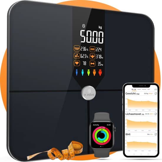 e.volve Premium Slimme Weegschaal - 16x Lichaamsanalyse o.a. Vetpercentage - Digitale Personenweegschaal met App - Bluetooth 5.0