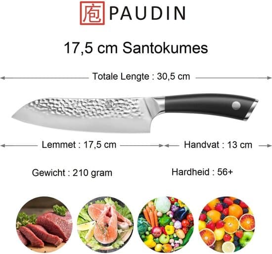 PAUDIN HP3 Professioneel RVS Japans Santoku Mes 17,5 cm - Vlijmscherp Gehamerd Keukenmes Gemaakt van Hoogwaardig Roestvast Duits Carbonstaal -... - Afbeelding 4