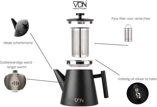 VDN RVS Theepot Dubbelwandig met Filter - Zwarte Theekan 1 Liter - 902