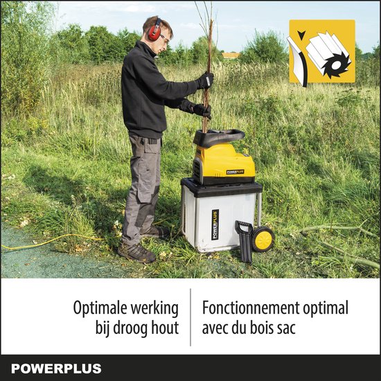 Powerplus POWXG6462 Elektrische hakselaar versnipperaar - 2800W - Max. Ø45mm - Inductiemotor - Incl. duwstok, wielen en 60L opvangbak - Heggen,... - Afbeelding 3