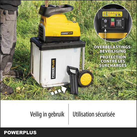 Powerplus POWXG6462 Elektrische hakselaar versnipperaar - 2800W - Max. Ø45mm - Inductiemotor - Incl. duwstok, wielen en 60L opvangbak - Heggen,... - Afbeelding 4