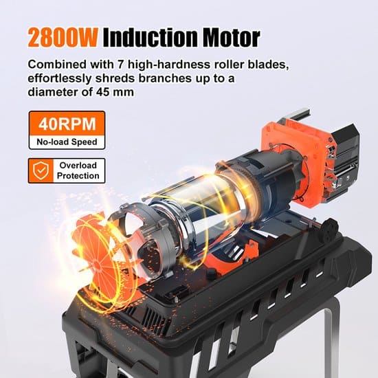 TOPSHAK Hakselaar - Electrisch Versnipperaar - Omkeer Functie - 2800W - Max. Ø45mm - 90dB - met wielen, Duwstok en 55L Opvangbak - voor Heggen... - Afbeelding 5