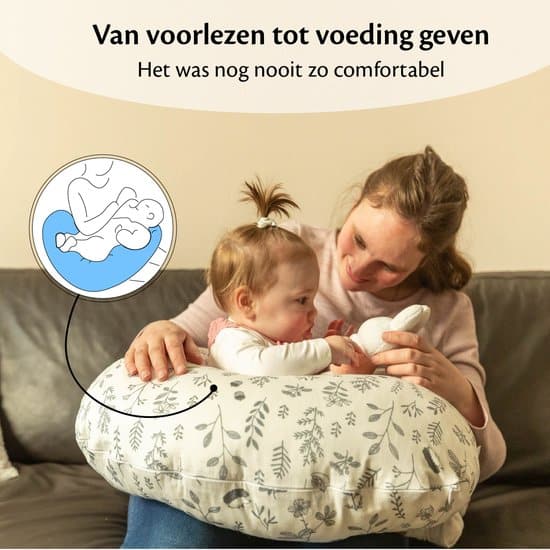 Ella Voedingskussen met hoes van 100% katoen - Zwangerschapskussen - Inclusief afneembare en wasbare hoes - Wit met plantjes - Afbeelding 2