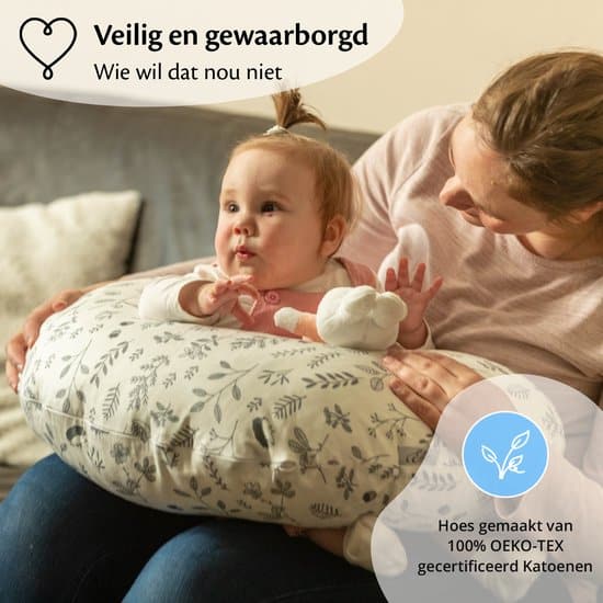 Ella Voedingskussen met hoes van 100% katoen - Zwangerschapskussen - Inclusief afneembare en wasbare hoes - Wit met plantjes - Afbeelding 6