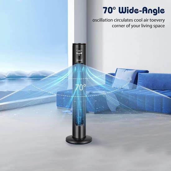 Aigostar Leise Turmventilator, 85° Oszillation, Energiesparender Säulenventilator mit Timer, bis 103.6m/min Tower Ventilator, 3 Geschwindigkeiten, 45W Tower Fan, Standventilator 76cm für Schlafzimmer