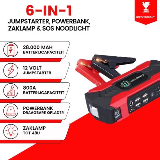 Krachtige 12V Jumpstarter - 800A / 28.000 mAh - 6-in-1 Startkabels met Powerbank, Starthulp voor auto's, LED Zaklamp en SOS Noodlicht - Afbeelding 3