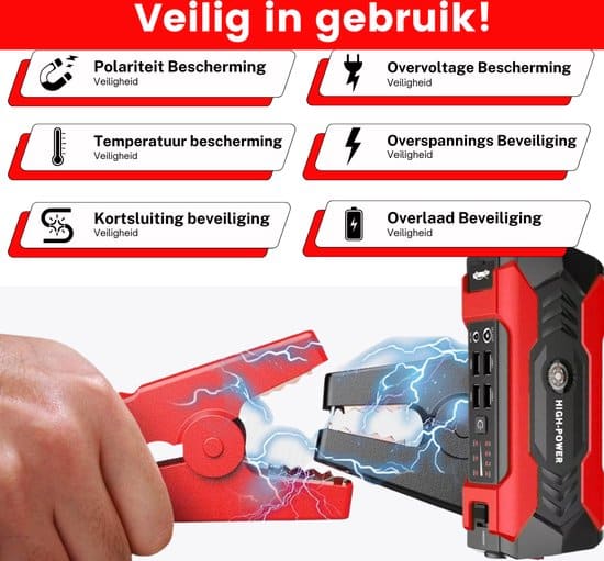 Krachtige 12V Jumpstarter - 800A / 28.000 mAh - 6-in-1 Startkabels met Powerbank, Starthulp voor auto's, LED Zaklamp en SOS Noodlicht - Afbeelding 4