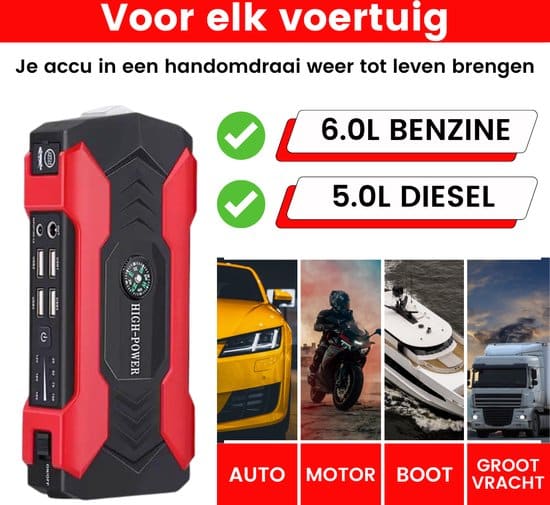 Krachtige 12V Jumpstarter - 800A / 28.000 mAh - 6-in-1 Startkabels met Powerbank, Starthulp voor auto's, LED Zaklamp en SOS Noodlicht - Afbeelding 5