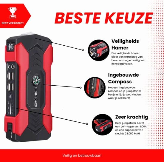 Krachtige 12V Jumpstarter - 800A / 28.000 mAh - 6-in-1 Startkabels met Powerbank, Starthulp voor auto's, LED Zaklamp en SOS Noodlicht - Afbeelding 6