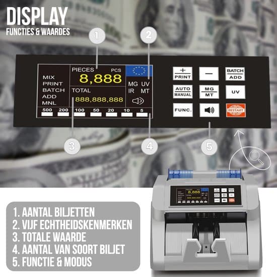 MasterCount Geldtelmachine - 5462KT - Telt valuta’s - Biljettelmachine – 5 -voudig Valsgelddetectie - Geldteller - Geldtelmachine - Geld teller -... - Afbeelding 5