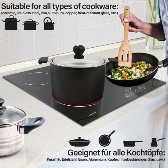 Jago - Glas Keramische kookplaat met 4 zones - Frameloos - Met Touch Control / Aanraakbediening - 6800W - 9 Vermogensniveaus - Automatische Timer -... - Afbeelding 4