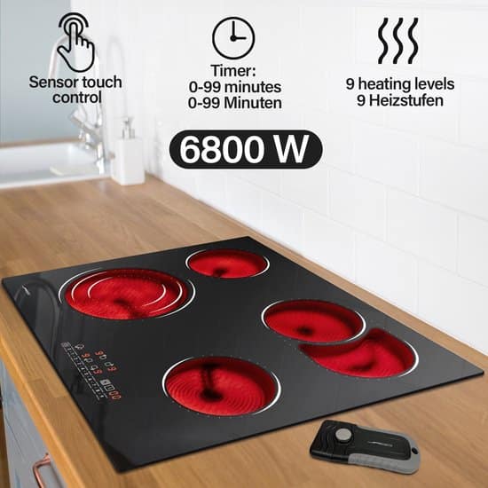 Jago - Glas Keramische kookplaat met 4 zones - Frameloos - Met Touch Control / Aanraakbediening - 6800W - 9 Vermogensniveaus - Automatische Timer -...