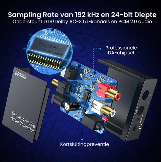 AdroitGoods Digitaal naar Analoog audioconverter - 192 kHz Audio Adapter voor Toslink naar RCA R/L - Met Optische Kabel en Voedings Adapter - Afbeelding 2