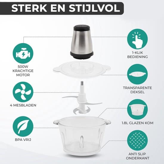 Niceey Hakmolen - Elektrisch - 2 Snelheden - 500W - 2L - Glazen Kom - Afbeelding 2
