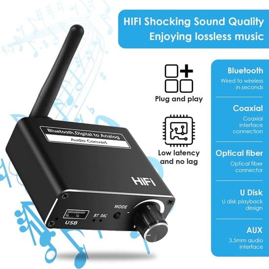 Sounix 192k Digitaal naar analoog audio converter - 3 in 1 BT 5.0 Receiver/Digitaal naar Analoog Conversie/U Disk Playback met Coaxiale Toslink... - Afbeelding 6