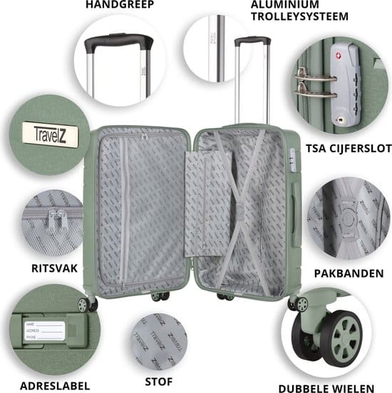 TravelZ Big Bars Reiskoffer 78 cm met dubbele wielen - Trolley koffer met TSA-slot - Olijf - Afbeelding 5