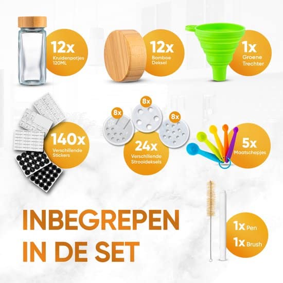 Dieux - 12 Glazen Kruidenpotjes Set - Kruidenstrooier - Strooideksel - Houten Deksel - Set incl. Kruidenpotjes Stickers en Accessoires - 12 Delige... - Afbeelding 2