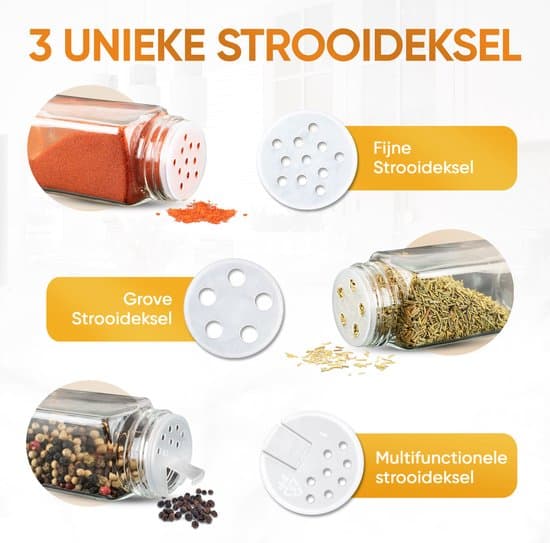 Dieux - 12 Glazen Kruidenpotjes Set - Kruidenstrooier - Strooideksel - Houten Deksel - Set incl. Kruidenpotjes Stickers en Accessoires - 12 Delige... - Afbeelding 3