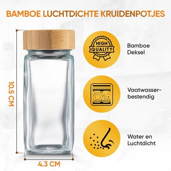 Dieux - 12 Glazen Kruidenpotjes Set - Kruidenstrooier - Strooideksel - Houten Deksel - Set incl. Kruidenpotjes Stickers en Accessoires - 12 Delige... - Afbeelding 6