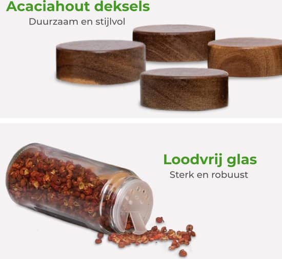 Soothe 24 Glazen Kruidenpotjes Rond met Acacia Deksel – 2 Soorten Strooideksels – Kruidenstrooier – Compleet Pakket incl Kruidenpotjes Stickers,... - Afbeelding 2