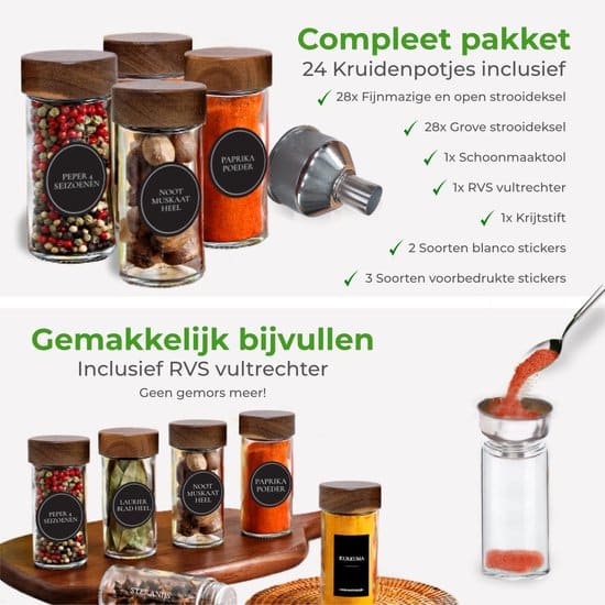 Soothe 24 Glazen Kruidenpotjes Rond met Acacia Deksel – 2 Soorten Strooideksels – Kruidenstrooier – Compleet Pakket incl Kruidenpotjes Stickers,... - Afbeelding 3