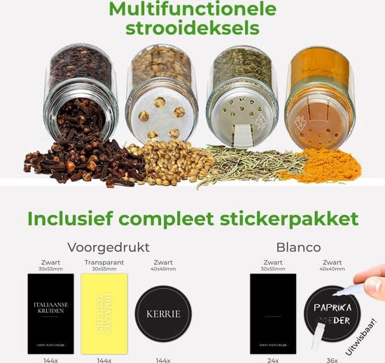 Soothe 24 Glazen Kruidenpotjes Rond met Acacia Deksel – 2 Soorten Strooideksels – Kruidenstrooier – Compleet Pakket incl Kruidenpotjes Stickers,... - Afbeelding 4