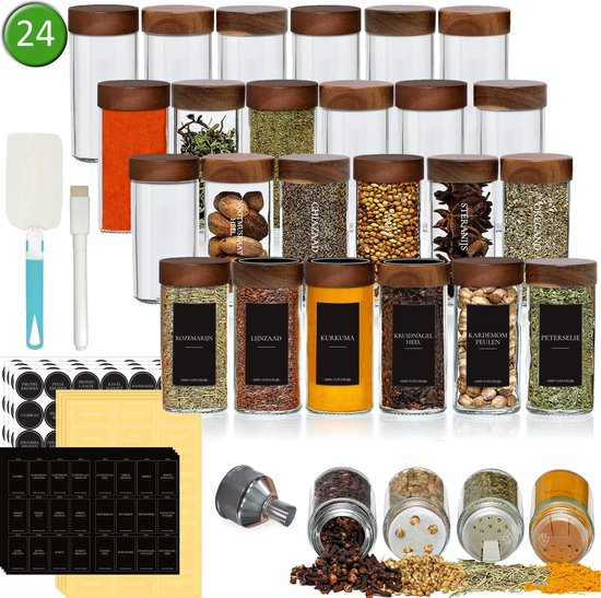 Soothe 24 Glazen Kruidenpotjes Rond met Acacia Deksel – 2 Soorten Strooideksels – Kruidenstrooier – Compleet Pakket incl Kruidenpotjes Stickers,...