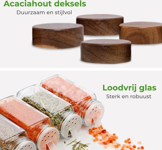 Soothe 24 Glazen Kruidenpotjes Vierkant met Acacia Deksel – 2 Soorten Strooideksels – Kruidenstrooier – Compleet Pakket incl Kruidenpotjes... - Afbeelding 3