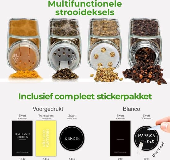 Soothe 24 Glazen Kruidenpotjes Vierkant met Acacia Deksel – 2 Soorten Strooideksels – Kruidenstrooier – Compleet Pakket incl Kruidenpotjes... - Afbeelding 4