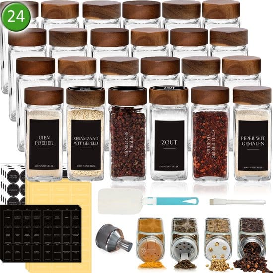 Soothe 24 Glazen Kruidenpotjes Vierkant met Acacia Deksel – 2 Soorten Strooideksels – Kruidenstrooier – Compleet Pakket incl Kruidenpotjes...