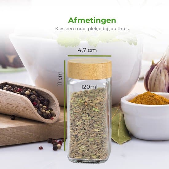 Soothe 36 Glazen Kruidenpotjes Vierkant met Bamboe Deksel – 2 Soorten Strooideksels – Kruidenstrooier – Compleet Pakket incl Kruidenpotjes... - Afbeelding 5