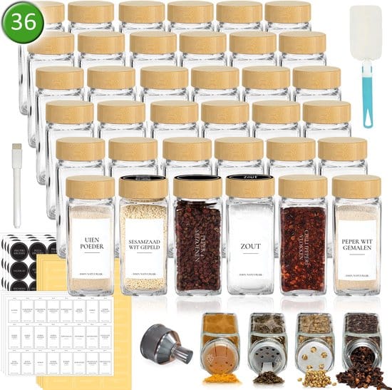 Soothe 36 Glazen Kruidenpotjes Vierkant met Bamboe Deksel – 2 Soorten Strooideksels – Kruidenstrooier – Compleet Pakket incl Kruidenpotjes...