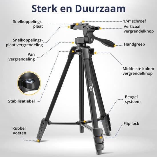Studio ME 136 cm Telefoon Statief - Zwart - Tripod Smartphone - Selfiestick - Telefoonhouder Standaard - Camera Statief - Incl. Bluetooth... - Afbeelding 2