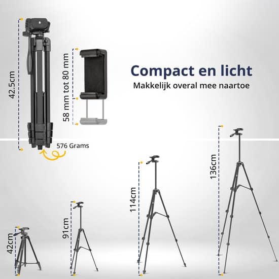 Studio ME 136 cm Telefoon Statief - Zwart - Tripod Smartphone - Selfiestick - Telefoonhouder Standaard - Camera Statief - Incl. Bluetooth... - Afbeelding 3