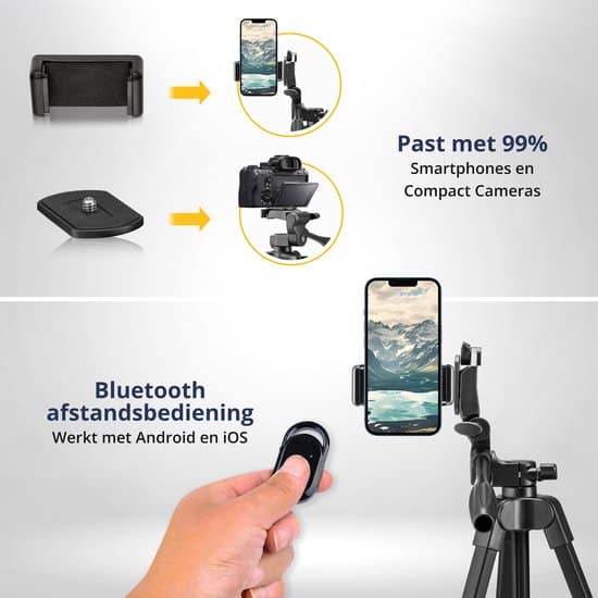 Studio ME 136 cm Telefoon Statief - Zwart - Tripod Smartphone - Selfiestick - Telefoonhouder Standaard - Camera Statief - Incl. Bluetooth... - Afbeelding 5