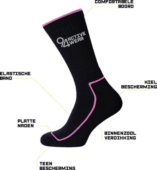 94activewear Merino Wol Sokken Dames 2 paar - Maat 39-42 - Thermosokken - 40% Merino Wol - Warme Sokken- Zwart/Roze - Afbeelding 2