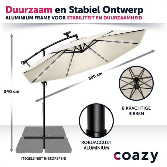 Coazy Solar LED Zweefparasol Waterdicht - Parasol - Parasols - Ø 300cm - 3m - met voet - Tuinparasol - Zonne-energie - Afbeelding 3