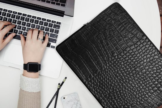 Laptophoes 17 inch - Leer - Structuur - Zwart - Grijs - Laptop sleeve - Binnenmaat 42,5x30 cm - Reisbenodigdheden - Afbeelding 5