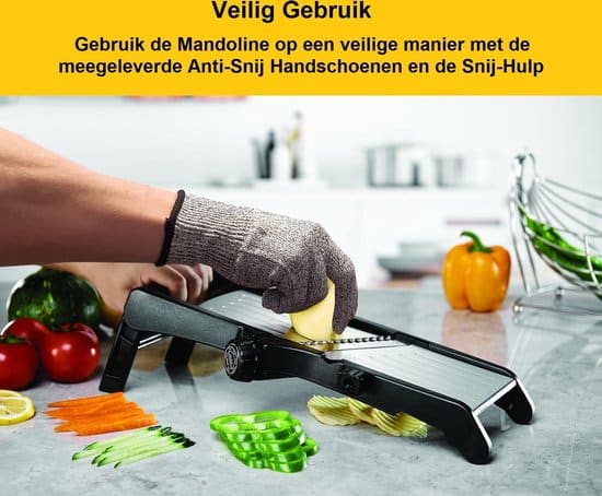 Mandoline - Vlijmscherp - Keukensnijder – Groentesnijder – Incl. Anti Snij Handschoenen en Snij Hulp - Qwality - Afbeelding 4