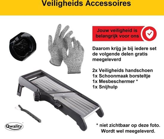 Mandoline - Vlijmscherp - Keukensnijder – Groentesnijder – Incl. Anti Snij Handschoenen en Snij Hulp - Qwality - Afbeelding 6