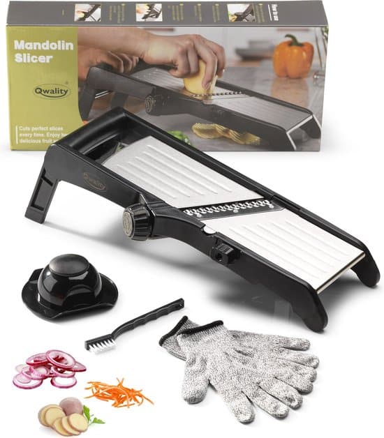 Mandoline - Vlijmscherp - Keukensnijder – Groentesnijder – Incl. Anti Snij Handschoenen en Snij Hulp - Qwality