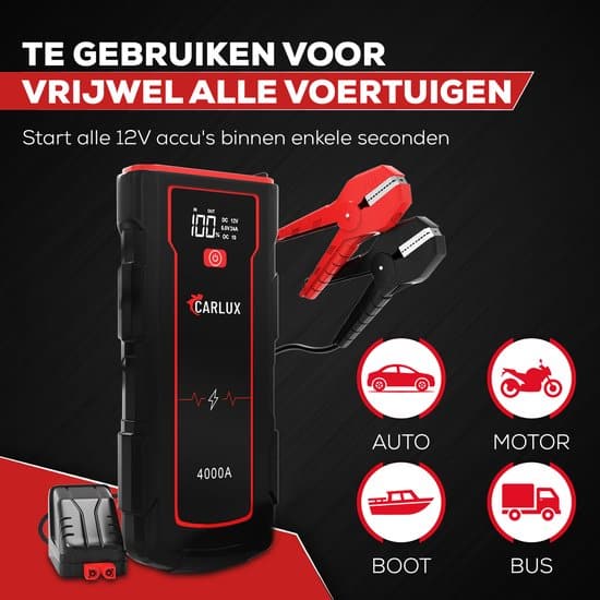 Carlux Krachtige 12V Jumpstarter - 4000A/24.000 mAh – Startkabels Met Powerbank - Starthulp Voor Auto’s Met LED- en SOS Noodlicht- Incl. Opbergcase - Afbeelding 2