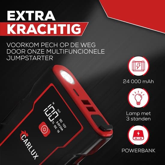 Carlux Krachtige 12V Jumpstarter - 4000A/24.000 mAh – Startkabels Met Powerbank - Starthulp Voor Auto’s Met LED- en SOS Noodlicht- Incl. Opbergcase - Afbeelding 3